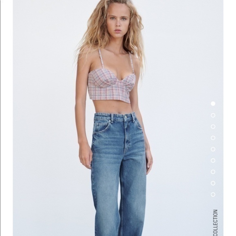 New Zara Pink Tweed Corset Crop Top With Spaghetti Straps Sweetheart Neckline